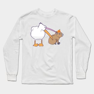 Pelican Tries to Eat Capybara Orange  Funny Cute Kawaii Meme Long Sleeve T-Shirt